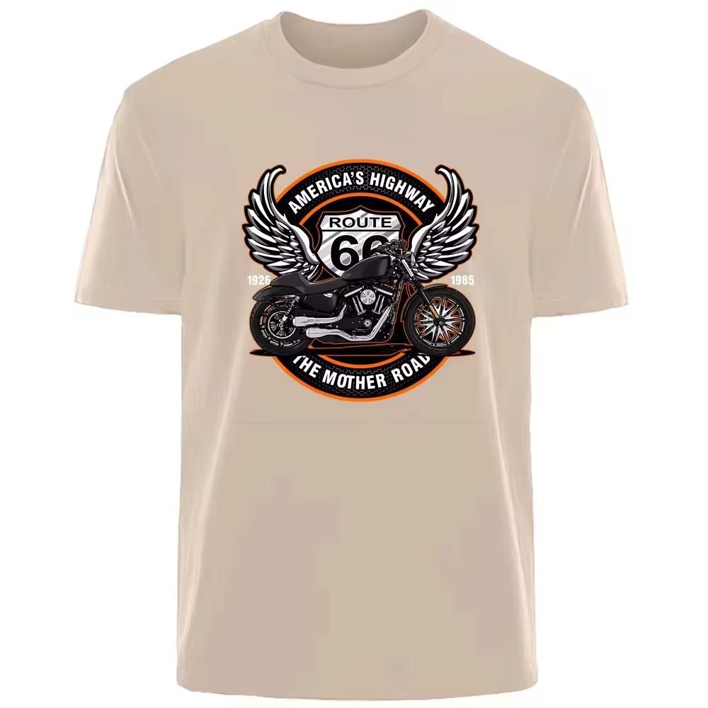 2026 New Vintage US Route 66 Motorcycle Road Print Tshirt Short Sleeve Streetwear Mens and Womens Tshirt Mens Top