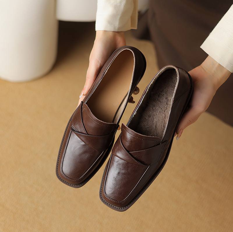 Krazing Pot Cow Leather Square Toe Thick Med Heels Spring Shoes Loafers Oxford Shoes Daily Wear Women Pumps