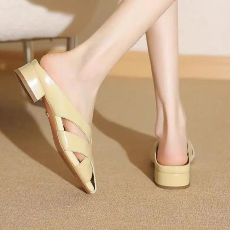 Fashion Fashion Baotou Slippers Summer New Square Toe Shallow Mouth Hollow Soft Sole Non-slip Wear-resistant Low-heeled Shoes