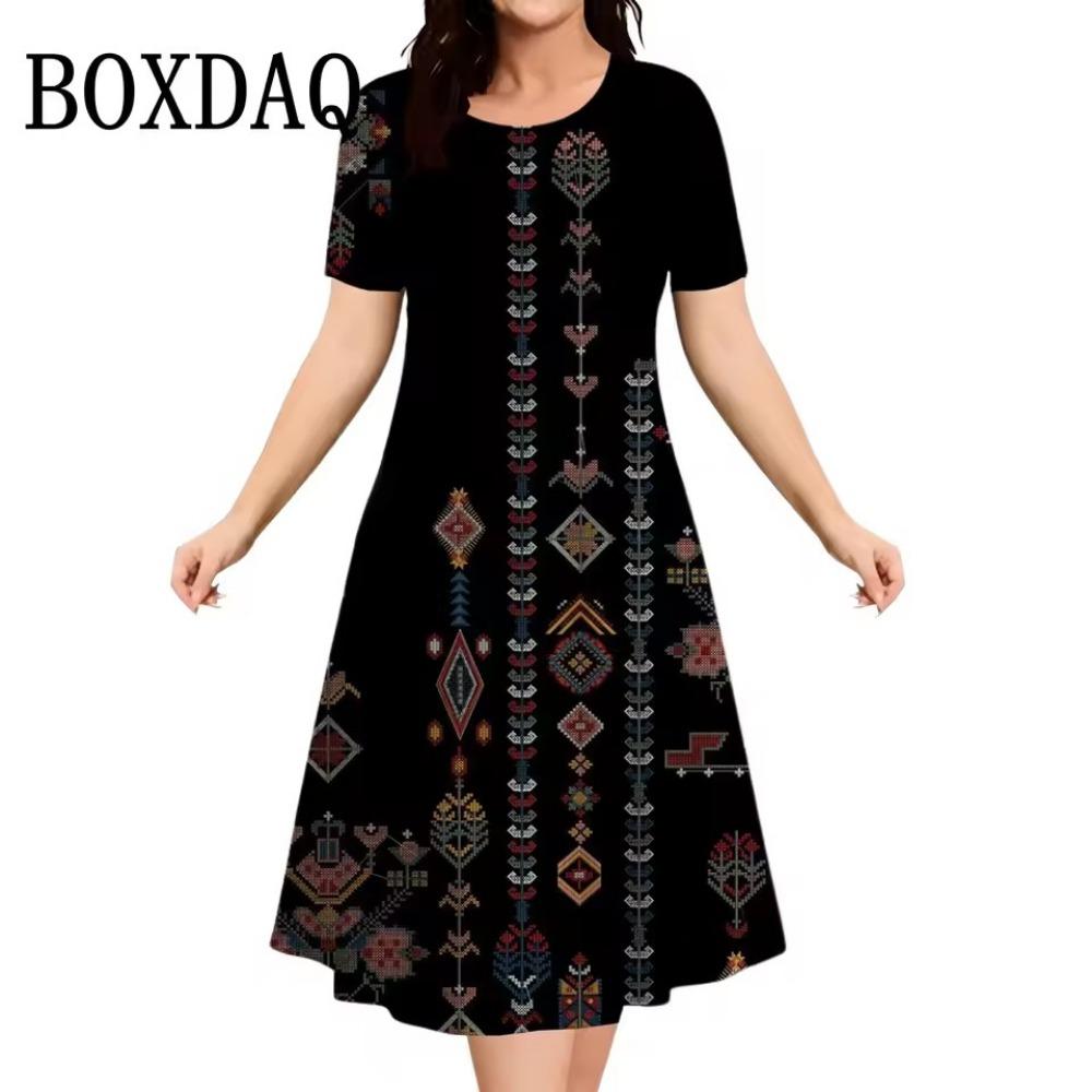 Vintage Elegant Ethnic Elements Flowers Printed Dress Big Size Women's Summer Short Sleeve O-Neck Casual Loose Dress Vestidos