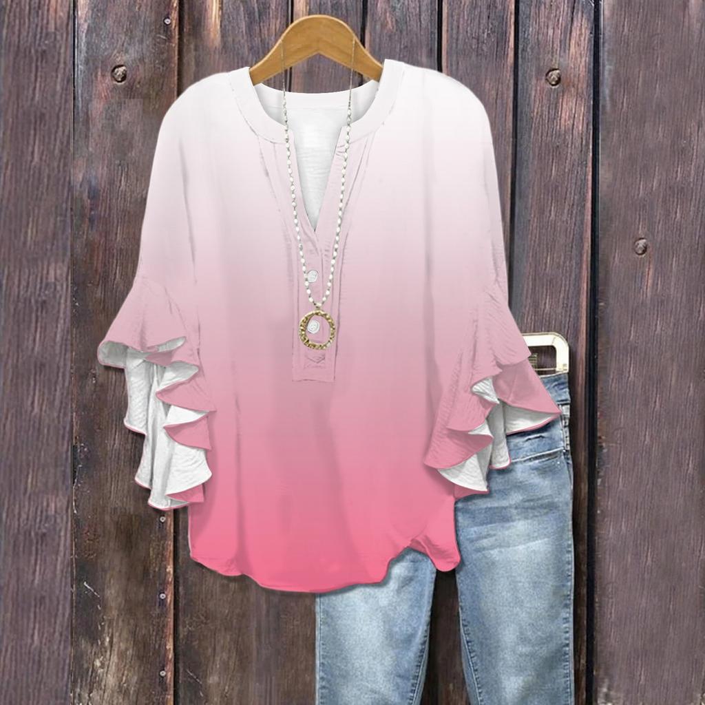 Летние топы для женщин Милые блузки с V-образным вырезом и рукавом 3/4 Принтованный топ Повседневные рубашки