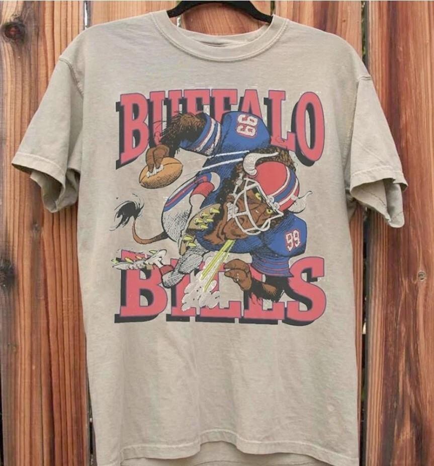 Винтажная футболка с коротким рукавом песочного цвета с маскотом NFL Buffalo Bills S-5XL Унисекс