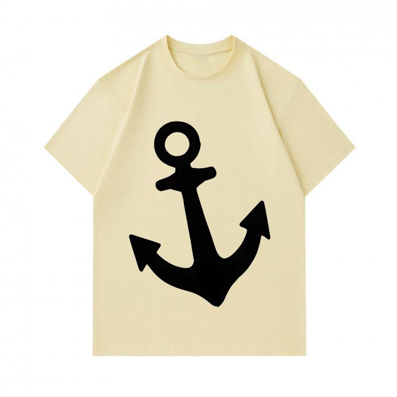 Men's 100% Cotton Crew Neck Short Sleeve T-Shirt, Casual Black Minimalist Anchor Print Comfortable Breathable Loose Fit Summer Daily Top for Naval Nau