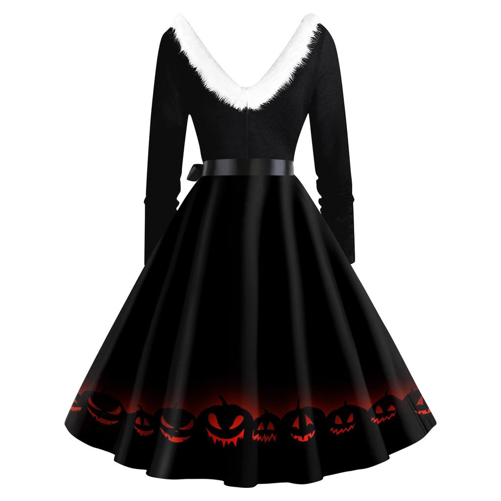 Женские повседневные модные платья с длинными рукавами и v-образным вырезом с принтом на Хэллоуин