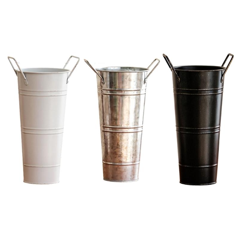 Farmhouse French Flowers Bucket with Handle Metal Flower Holder for Home Table Centerpieces Galvanized Metal Vases