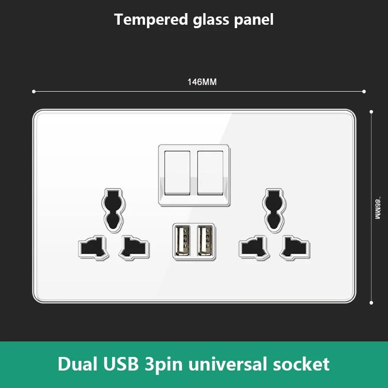 UN UK RU Standard Wall Light Switch Power Socket,18W Plug Type-C USB Quick Charging Universal 5-pin Tempered Glass Socket Outlet