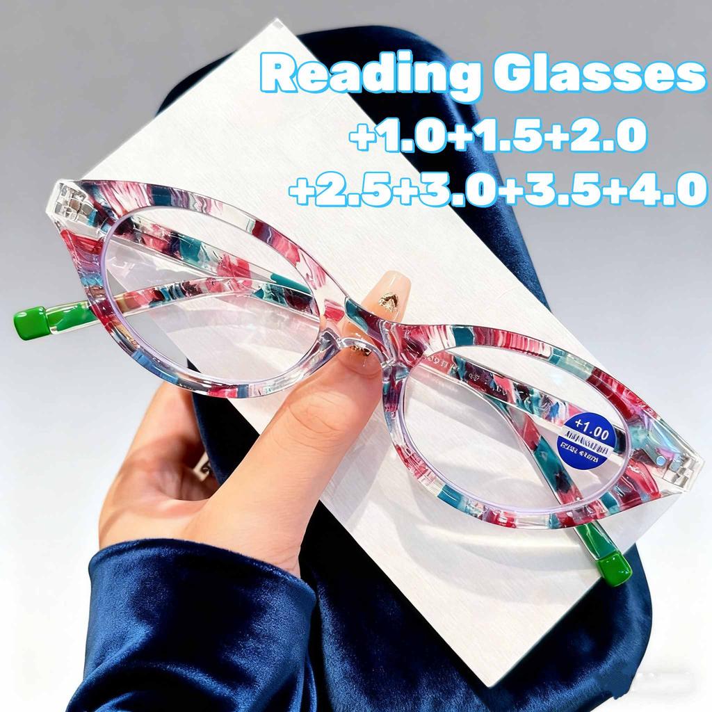 New Oval Small Frame Reading Glasses Ultralight Anti Blue Light Presbyopic Glasses Women Stylish Printing Far Sight Eyewear +4.0