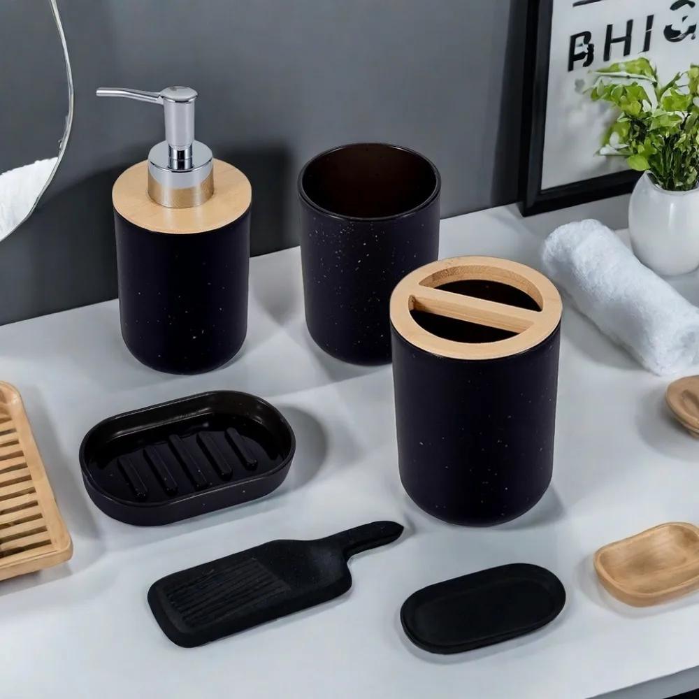 Четырехпредметный набор для ванной комнаты из черного искусственного мрамора. Экологичный и практичный, подходит для подарка
