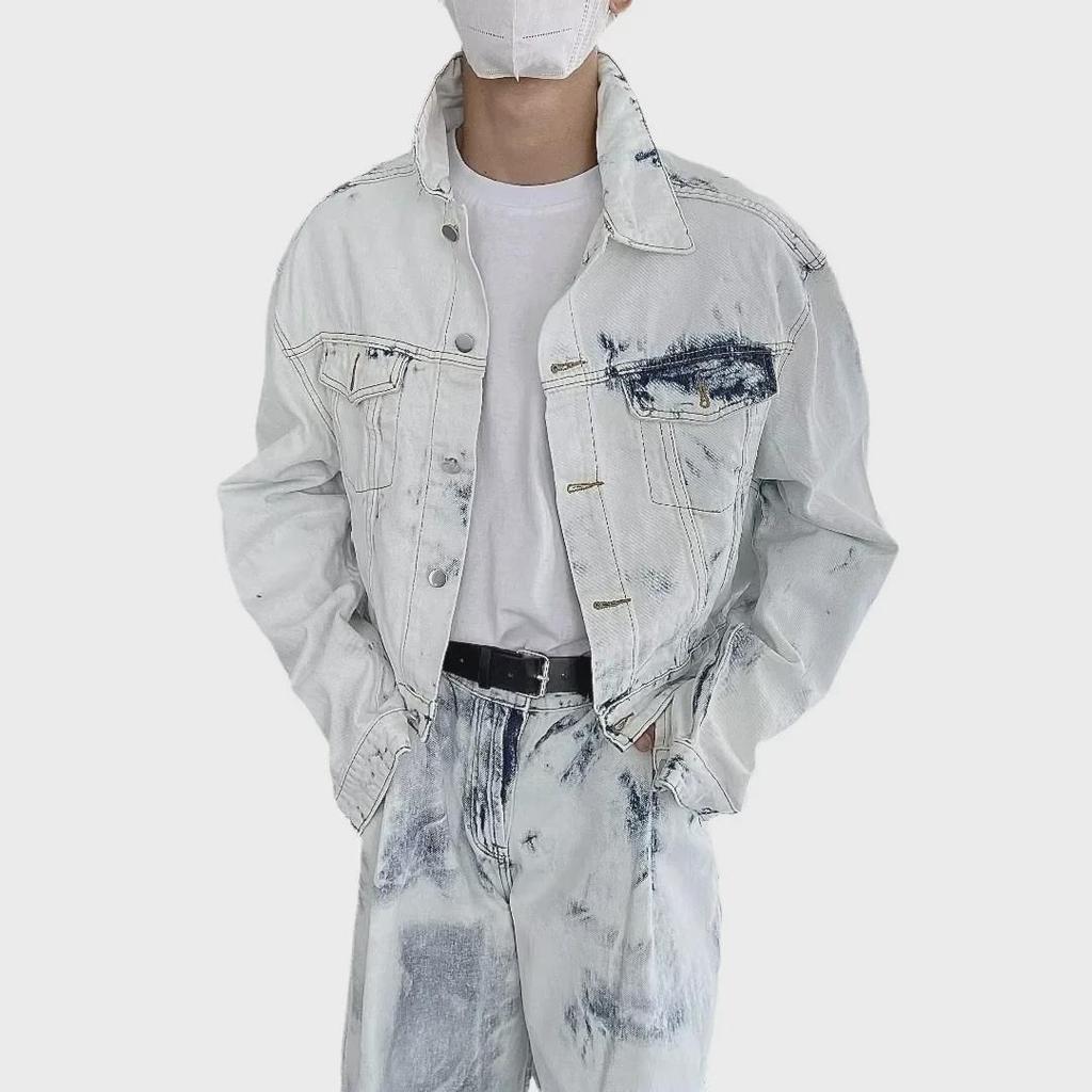 Men's Retro Tie-Dye Casual Suit: Loose Denim Jacket & Wide-Leg Trousers