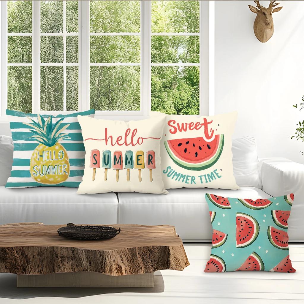 4Pcs Summer Fruit Print Single-Sided Cushion Cover For Living Room Bedroom Car Home Decor