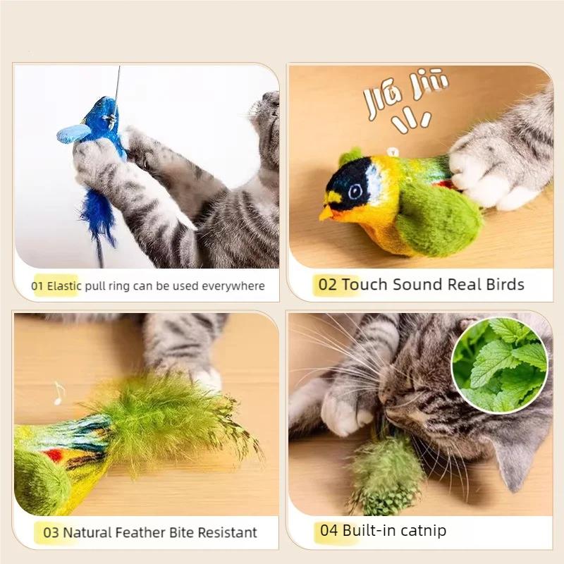 Indoor Interactive Birds Toy for Cat Chasing Teasing Simulation Electric Sounding Birds Cat Chew Bite Plush Toys Cat Supplies