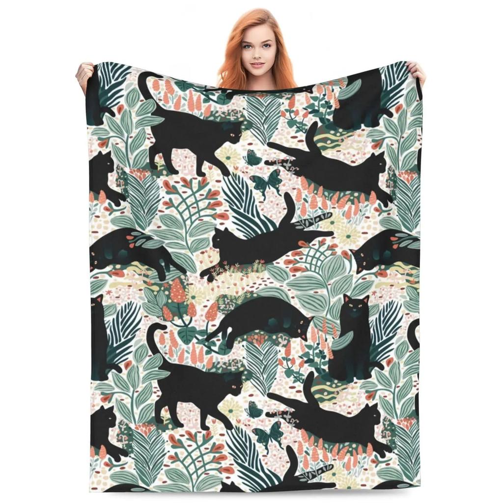 Cute cartoon black cat digitalprinted polyester Bedroom velvet flannel cover blanket Fleece soft sofa cover blankets for beds