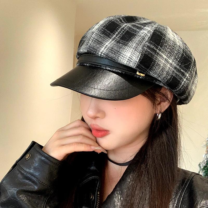 Stitched Plaid Fashion Octagonal Hat for Women In Spring and Autumn Travel Temperament Versatile Little Painter's Hat Showing Face