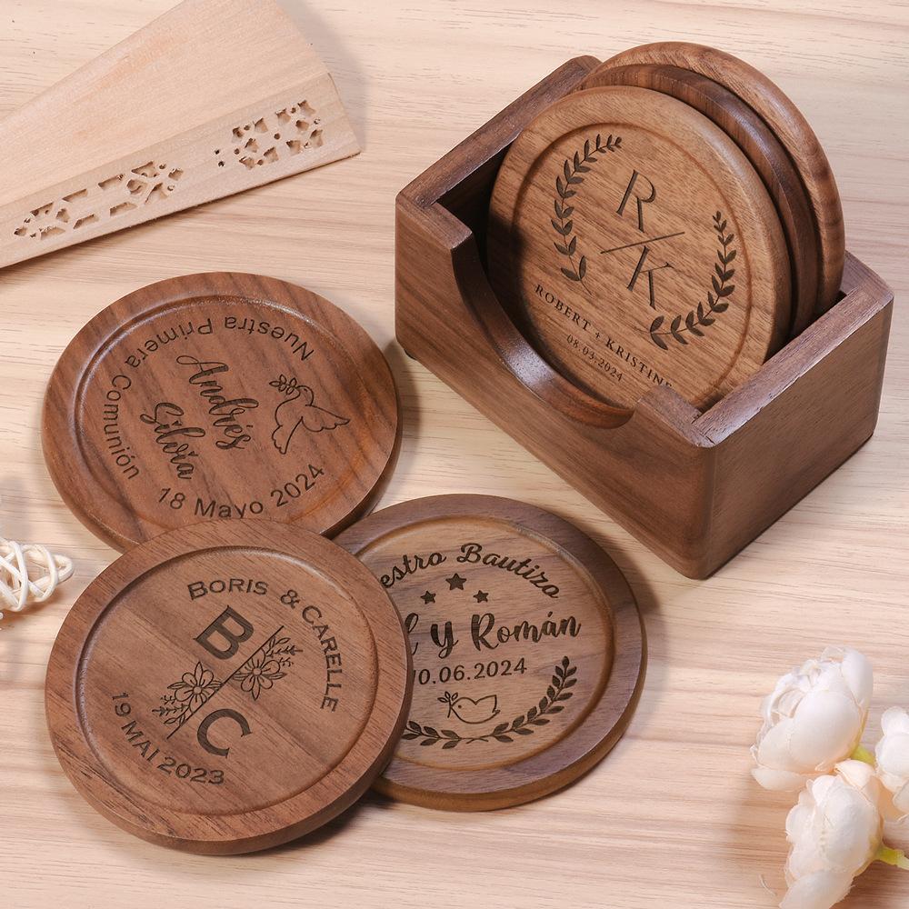 D2 Walnut Dark Coaster Set of 6 Pieces. Including The Holder Pure Natural Wood Texture. Wonderful Decor For Dining Tables Office