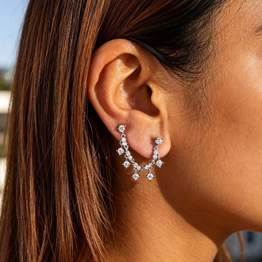 One Side Two Piecing Stud Earring Tassel Chain Link Mini Clear Round CZ Zircons Women Office Stud Earring for Engagement Jewelry