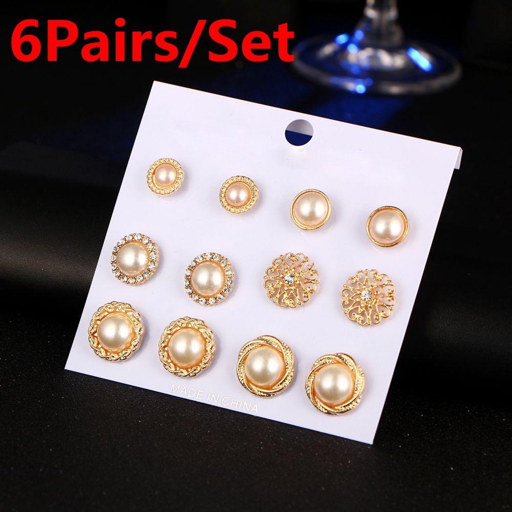 6Pairs/Set Women Round Hoop Jewelry Zircon Pearl Ear Stud Embroidery Rose Drop Dangle Earrings