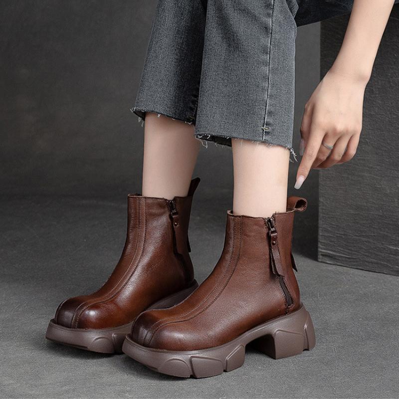 Johnature Ботинки из натуральной кожи на толстом каблуке, женские однотонные туфли с круглым носком в стиле ретро, ​​ботильоны на толстой подошве