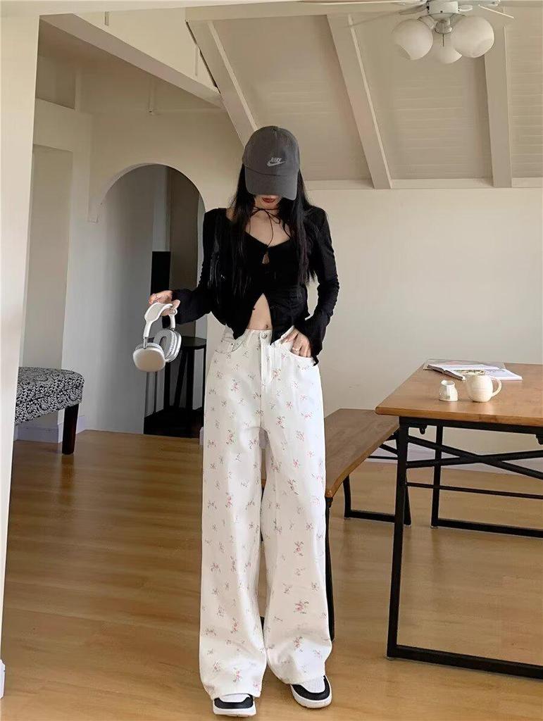 2024 Women's White Slim Straight-Leg Floral Jeans - Versatile, Loose, Drapey Fit for Summer