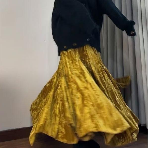 Ретро женская бархатная длинная юбка с принтом, осенне-зимняя теплая расклешенная А-силуэта