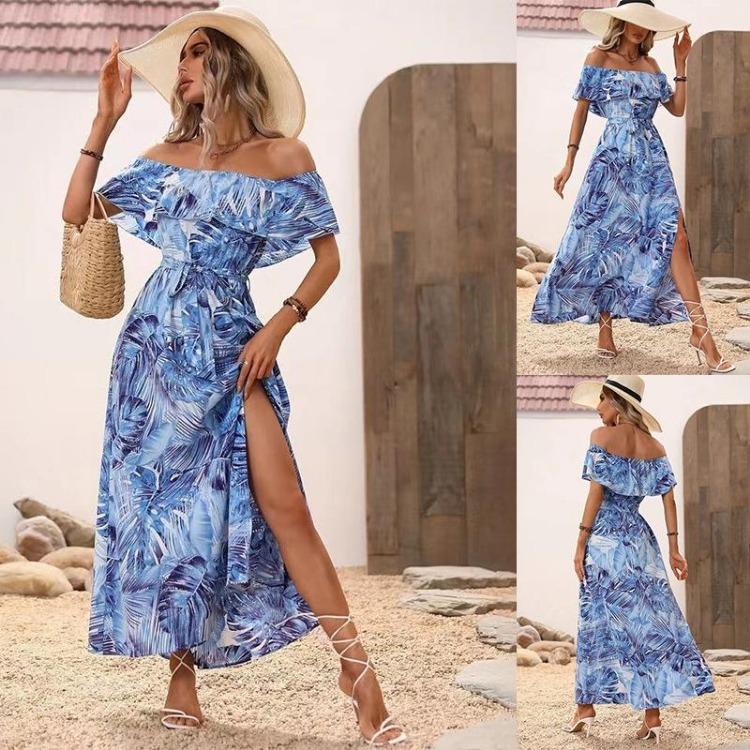 Women Summer Casual One Shoulder Sleeveless Flower Print Dress High Waist A-Line Belt Slit Ankle-Length Collar Dresses Spring