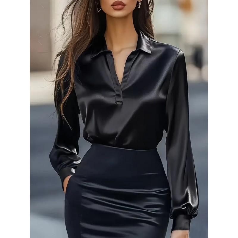 Womens Satin V-Neck Long Sleeve Blouse Office Workwear Classic Button-Up Shirt