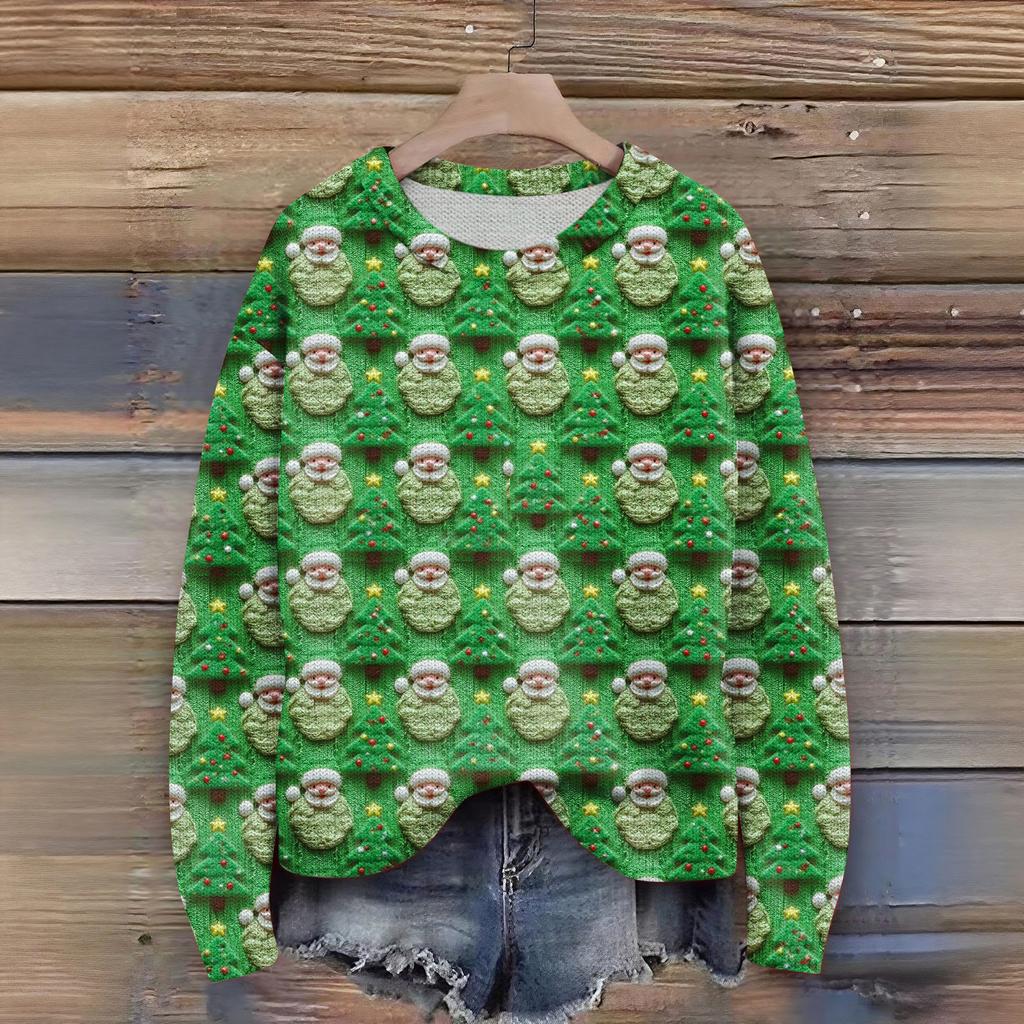 Women's Christmas Print Cardigan Long Sleeve Round Neck Knit Top