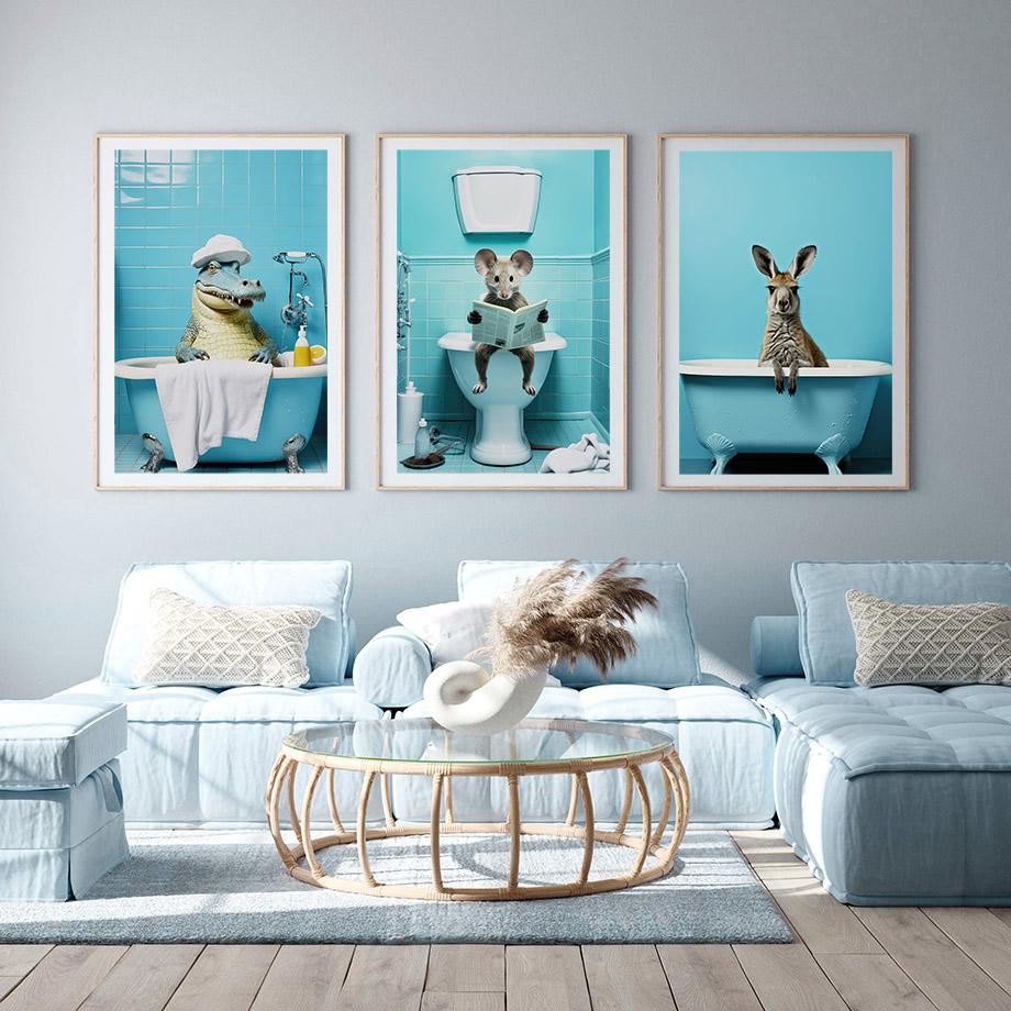 Забавный юмор для ванной комнаты, носорог, крокодил, леопард, сова, кенгуру, слон, собака, настенный домашний декор, туалетный плакат, художественный принт, холст, живопись
