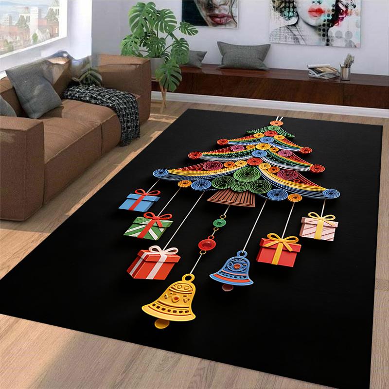 Colorful Christmas Tree Design Carpet with Gifts and Bells Pattern Suitable for use as an anti-slip for living room bedroom sofas