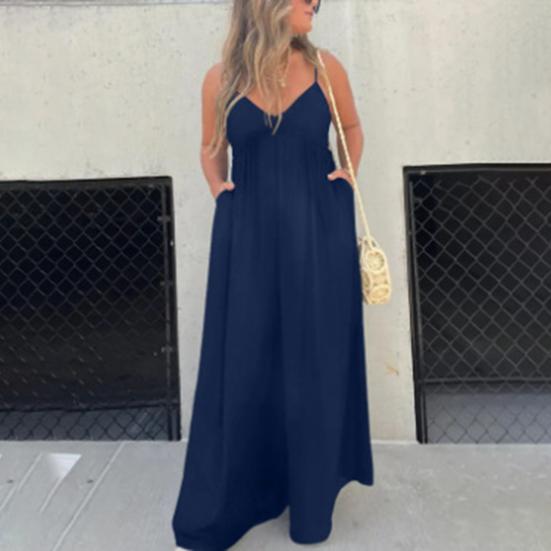 Women Jumpsuit Deep V Neck Backless Wide Pure Leg Loose Sleeveless Color Pleated Spaghetti Strap Casual Vacation Beach