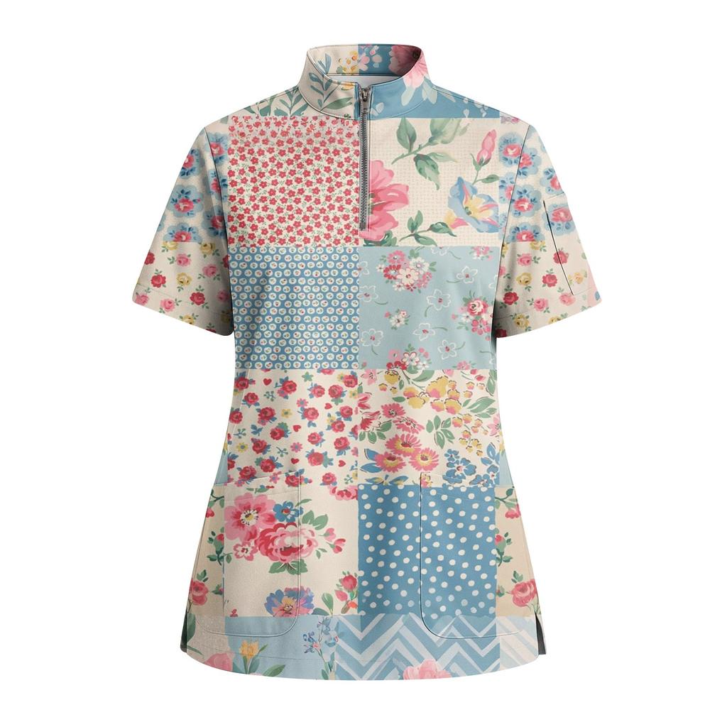 Женская футболка с коротким рукавом, принтом, V-образным вырезом, застегивающаяся на пуговицы, с боковым разрезом