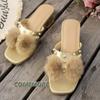 Women's Summer Sandals Fluffy Peep Toe Thick High Heeled Fur Feather Lady Golden Wedding Shoes Slippers Casual Large Size 42 43