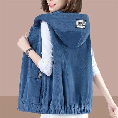 Вельветовый жилет Женская одежда Универсальный короткий жилет с капюшоном Весна и Осень Тонкий женский жилет Короткое пальто