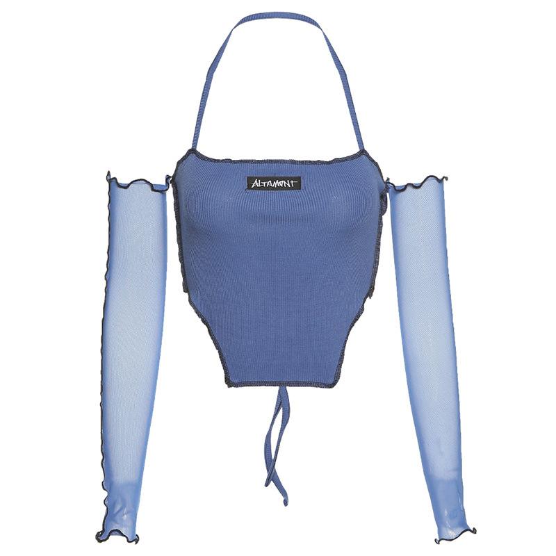 Рубашка в перчатках с длинным рукавом Синие женские футболки Y2k Сексуальные узкие укороченные топы с открытыми плечами на бретельках Летний модный топ Egirl Весна и лето