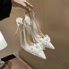 French Bride Gold Wedding Shoes for Women Thin Heel Pointed Shallow Mouth Flower Rhinodrill High Heels Bao Head Fashion Sandals