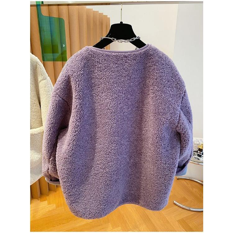 Advanced Sense Purple Lamb Fur Coat Women Autumn Winter Loose Thickened Leather Fur Integrated Lamb Wool Top