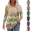 Women's Fashionable Casual Pleated Round Neck Leisure Printing Seven Quarter Sleeve T-shirt Top