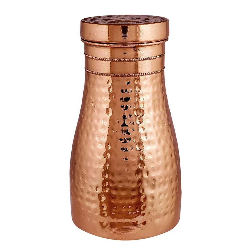 Copper Designer Copper Water Bottle | Pitchers | Water Jug | Bedroom Jar | Bedside Bottle Carafes with Tumbler/Glass with Lid 1250 ML (Hammered)