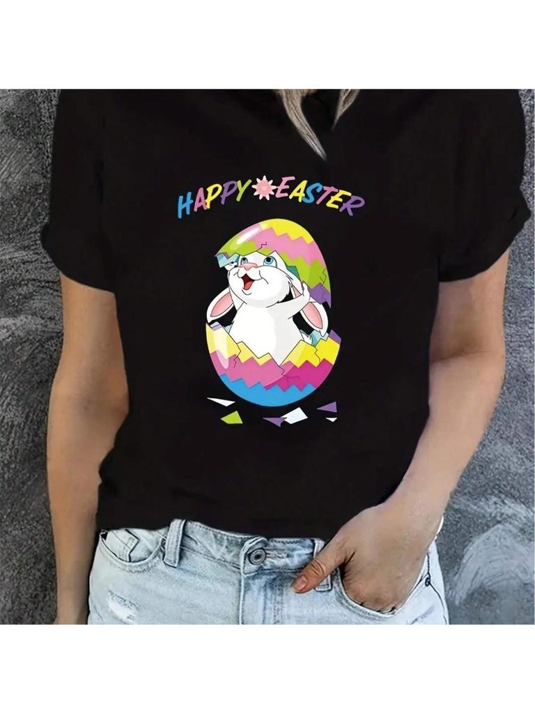 Easter Bunny Print T-Shirt, Casual Crew Neck Short Sleeve Top For Spring & Summer, Wounisex's Clothing Tee For Adult, unisex, Wounisex, T