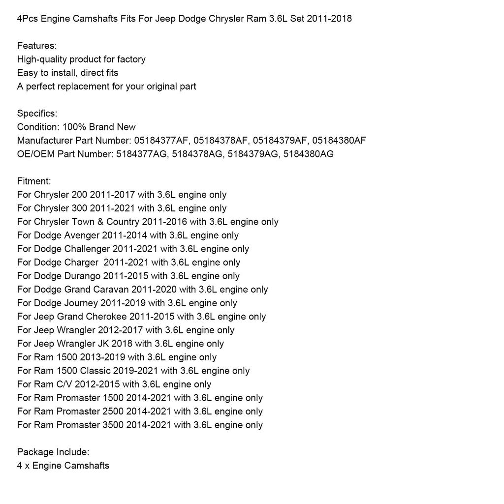 4 шт. распредвалы двигателя подходят для Jeep Dodge Chrysler Ram 3.6L комплект 2011-2018