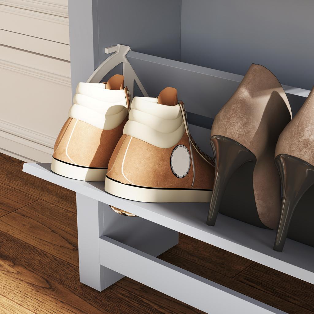 2 Drawer Shoe Cabinet Modern Narrow Shoe Cupboard Hallway Wooden Storage Organiser with Flip Doors Adjustable Shelf for 6-12 Pairs, Grey
