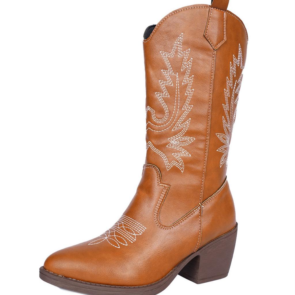 Осень и зима новая вышитая обувь Мартин толстый каблук полусапоги европейский и американский стиль, рыцарские сапоги, ковбойские сапоги в стиле вестерн