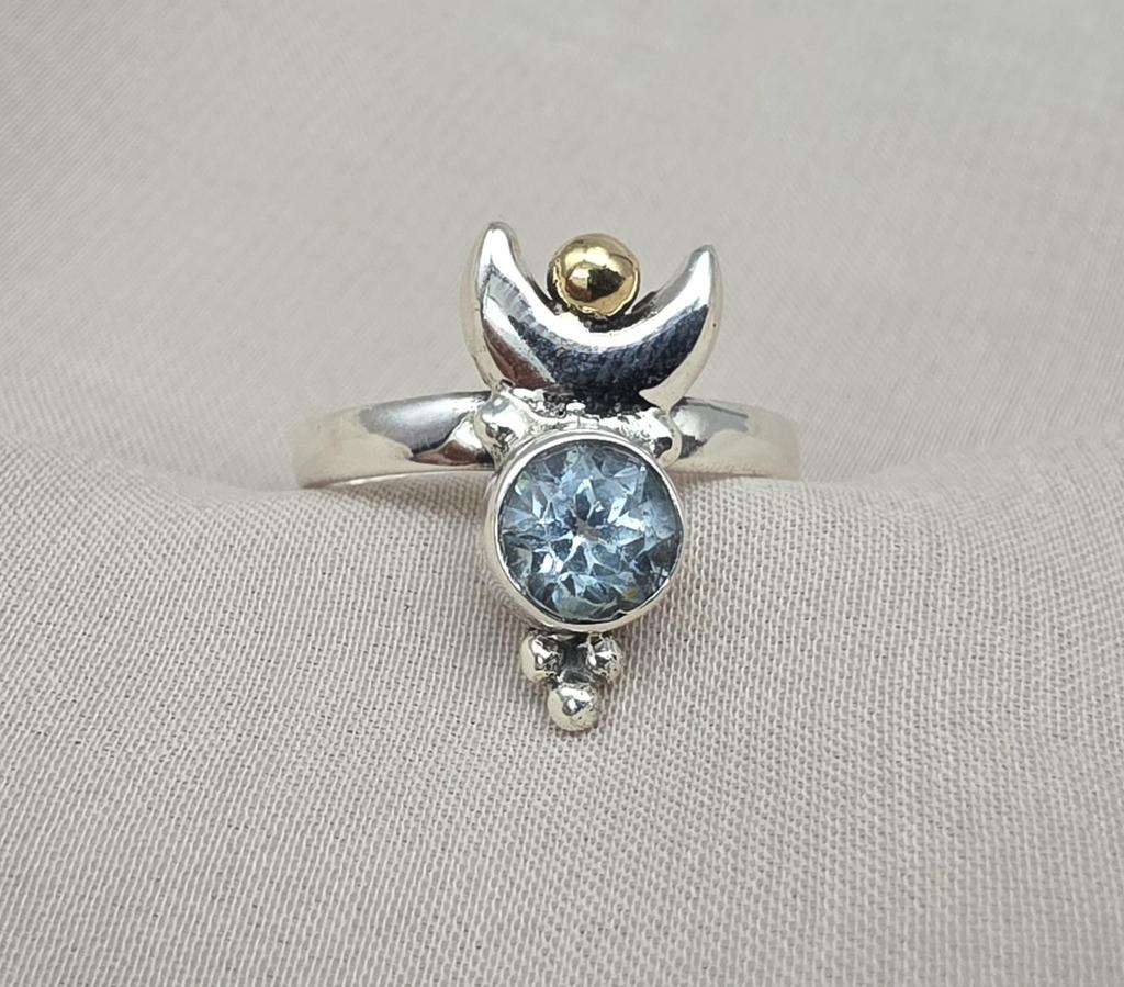 Sterling Silver Moon Goddess Ring, Blue Quartz & Gold Accent