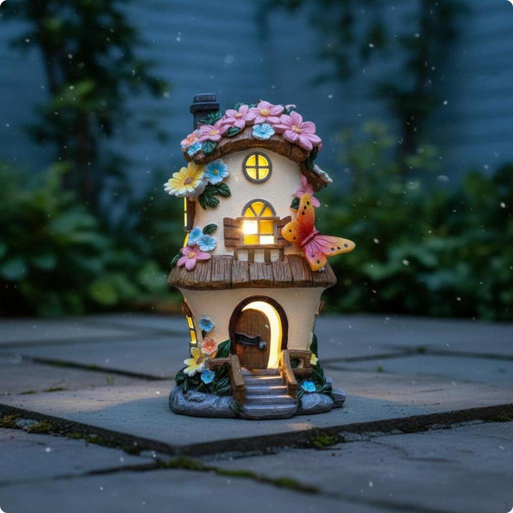 Storybook Shelter LED Solar Resin Cottage Sculpture for Garden, Yard, Patio
