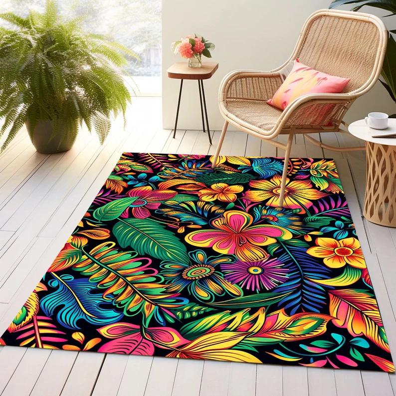 Aesthetic Rug Orange Flower Rug Beach House Decor Movieroom Rug Tropical Runner Rug Coastal Large Rug Decor Runner