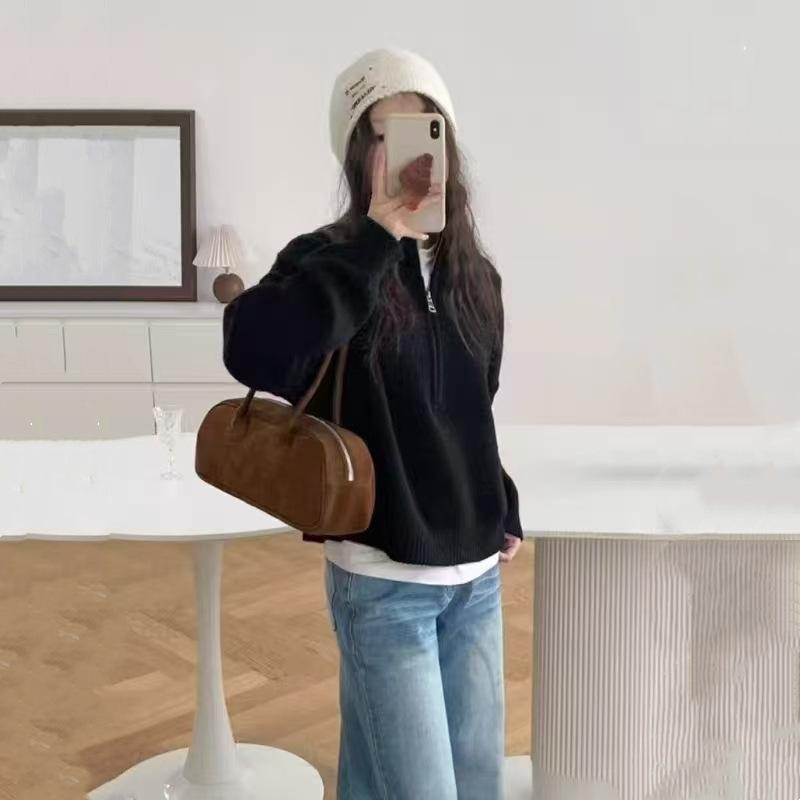 Autumn and Winter Half Zipper Stand Up Collar Knitted Sweater for Women Coat Top Women