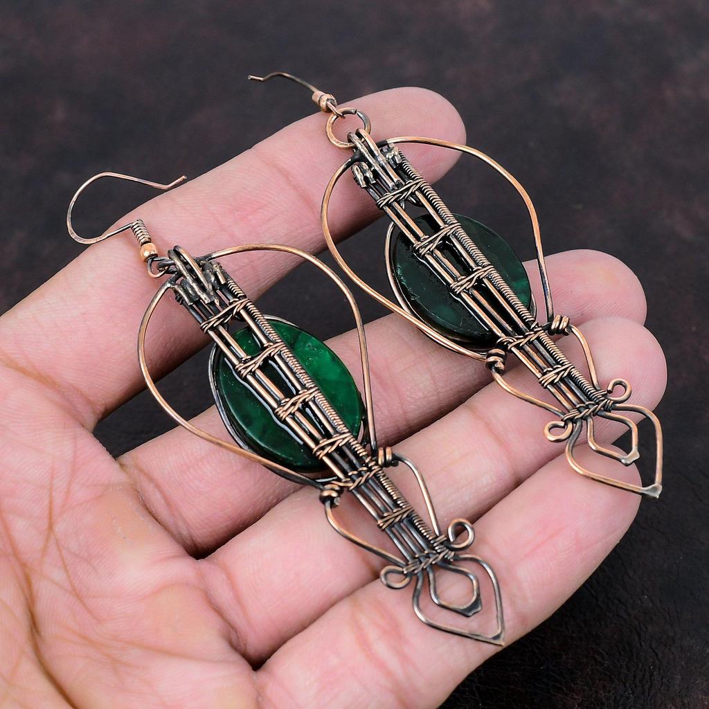 Серьги из зеленого огненного лабрадорита, серьги из медной проволоки, ювелирные изделия из лабрадорита и меди, изящные серьги из драгоценных камней, ювелирные изделия ручной работы, подарок для мамы