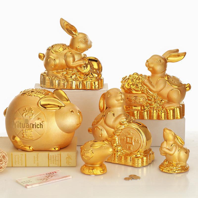 Керамическая копилка с золотым кроликом на удачу - креативный подарок и украшение для дома