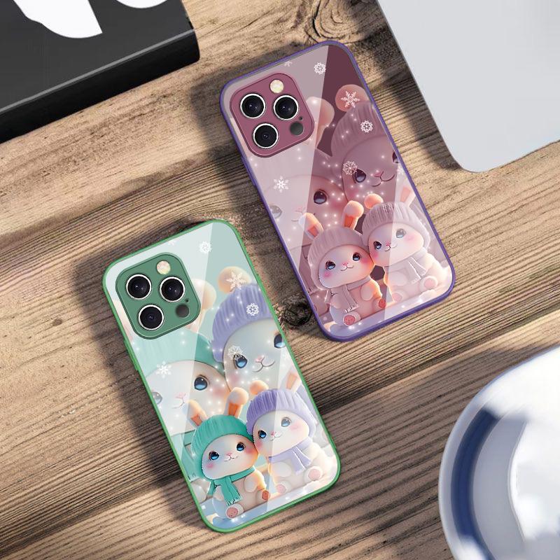 Милые розовые кролики-близнецы Для iPhone 16 E 15 14 13 Plus 12 mini 11 Pro Max XR Xs Max X 7 8 6 6S 2022 Закаленное стекло Чехол для телефона
