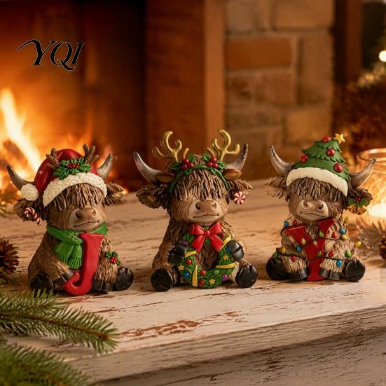 Decorative Pieces for Interior 3Pcs Christmas Highland Cow Figurine, Resin Yak Statues with JOY Letter Sign, Small Ornaments Bookshelf Farmhouse