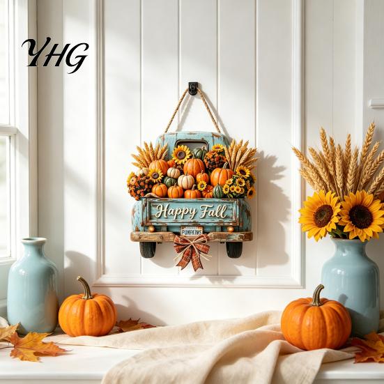 Thanksgiving Farmhouse Wall Decoration Harvest Pumpkin Truck Hanging Sign for Front Door, Wooden Fall Door with Decorative Holiday Plaque Hemp